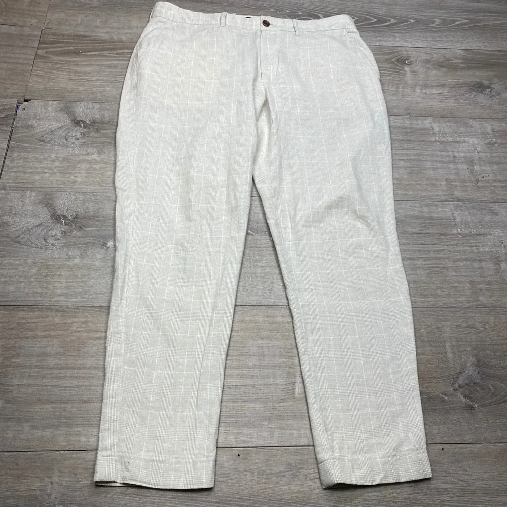 J.Crew Pants Mens 36x30 Beige Plaid Linen Cotton Straight Fit Casual Windowpane